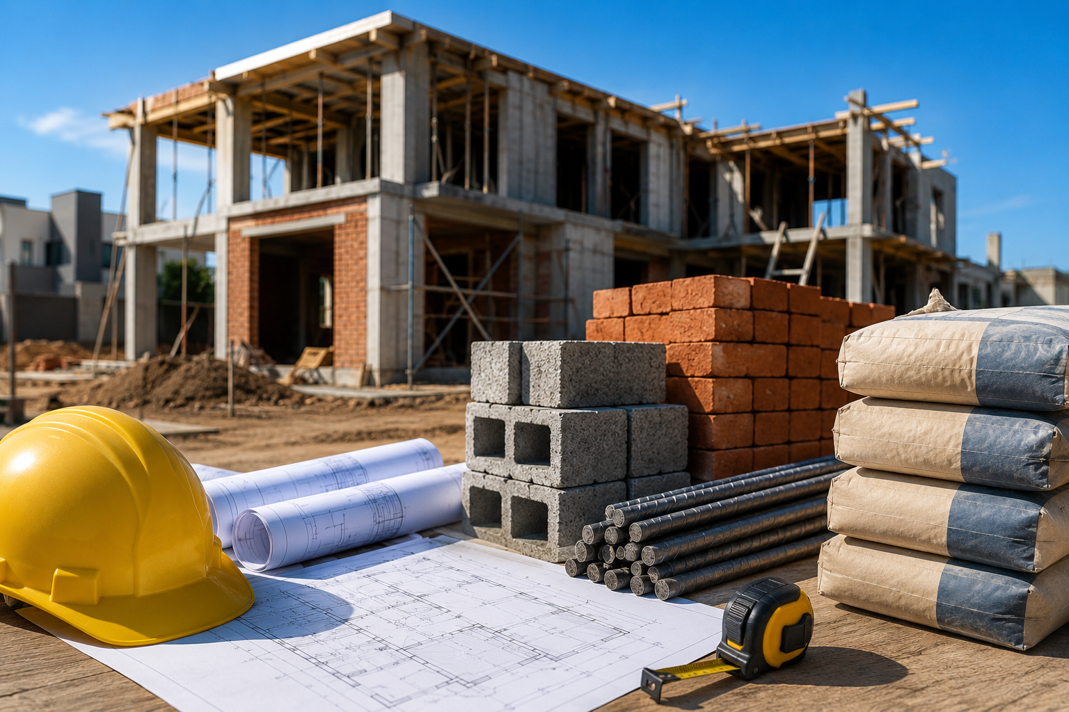 Construcción de casa moderna en México con materiales de construcción y planos arquitectónicos